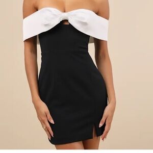 Lulus Extravagant Moment Black And White Off-the-shoulder Mini Dress - Size M